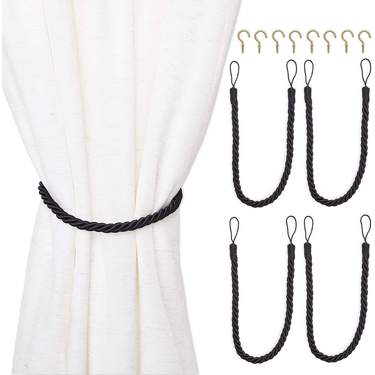 4-Pack Black Cotton Window Curtain Tiebacks Tie Back with 8 Hooks, 26" Holdbacks Rope for Drapes